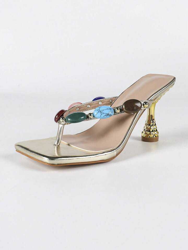 Stylish Gold Color Pointed Toe High Heel Sandals, Jeweled Slide Mule Heels | SHEIN
