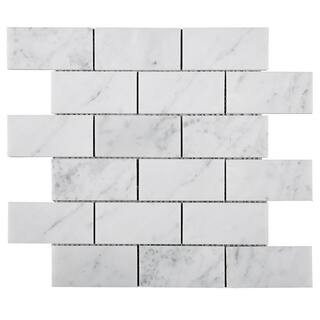 Carrara White 11.82 in. x 11.82 in. Brick Joint Polished Marble Mosaic Tile (9.7 sq. ft./Case) | The Home Depot