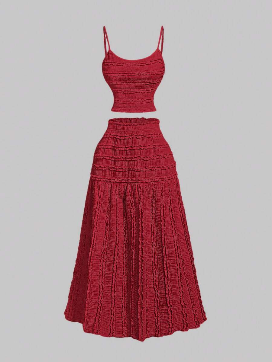 SHEIN MOD Conjunto de 2 piezas de camisola y minifalda con borde de volantes elegante y romántico en color rojo oscuro para mujer, atuendo de vacaciones de verano, estilo western country | SHEIN