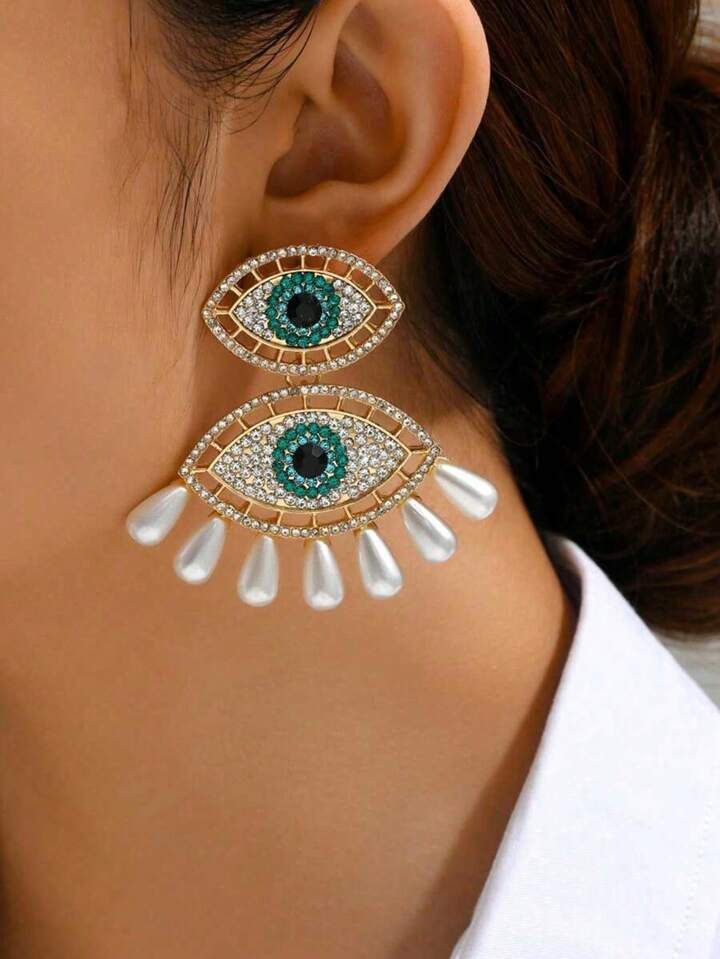 1pair Personality Zinc Alloy Colorful Rhinestone & Faux Pearl Devil Eye Earrings For Women's Jewe... | SHEIN