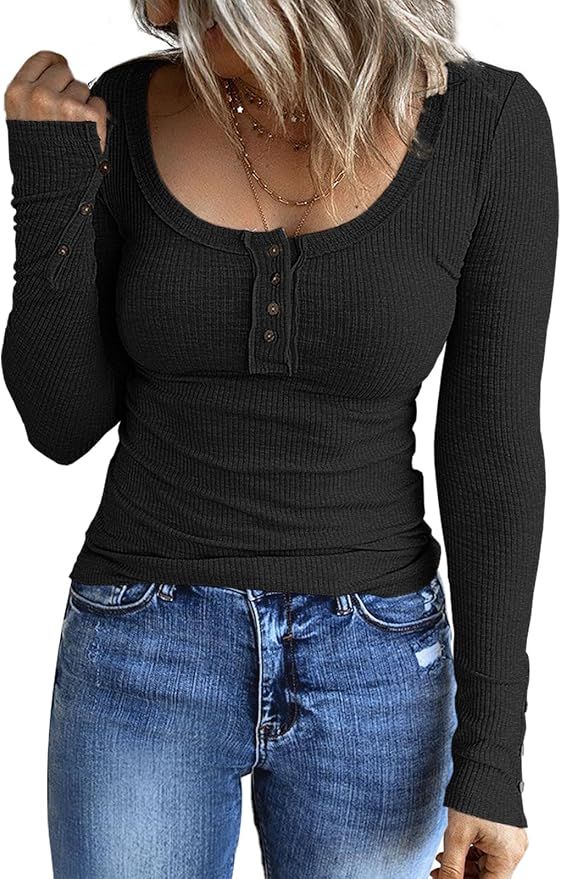 Kissfix Women's Long Sleeve Shirts Casual Fall Henley Top Button Down Blouses Basic Ribbed Knit T... | Amazon (US)