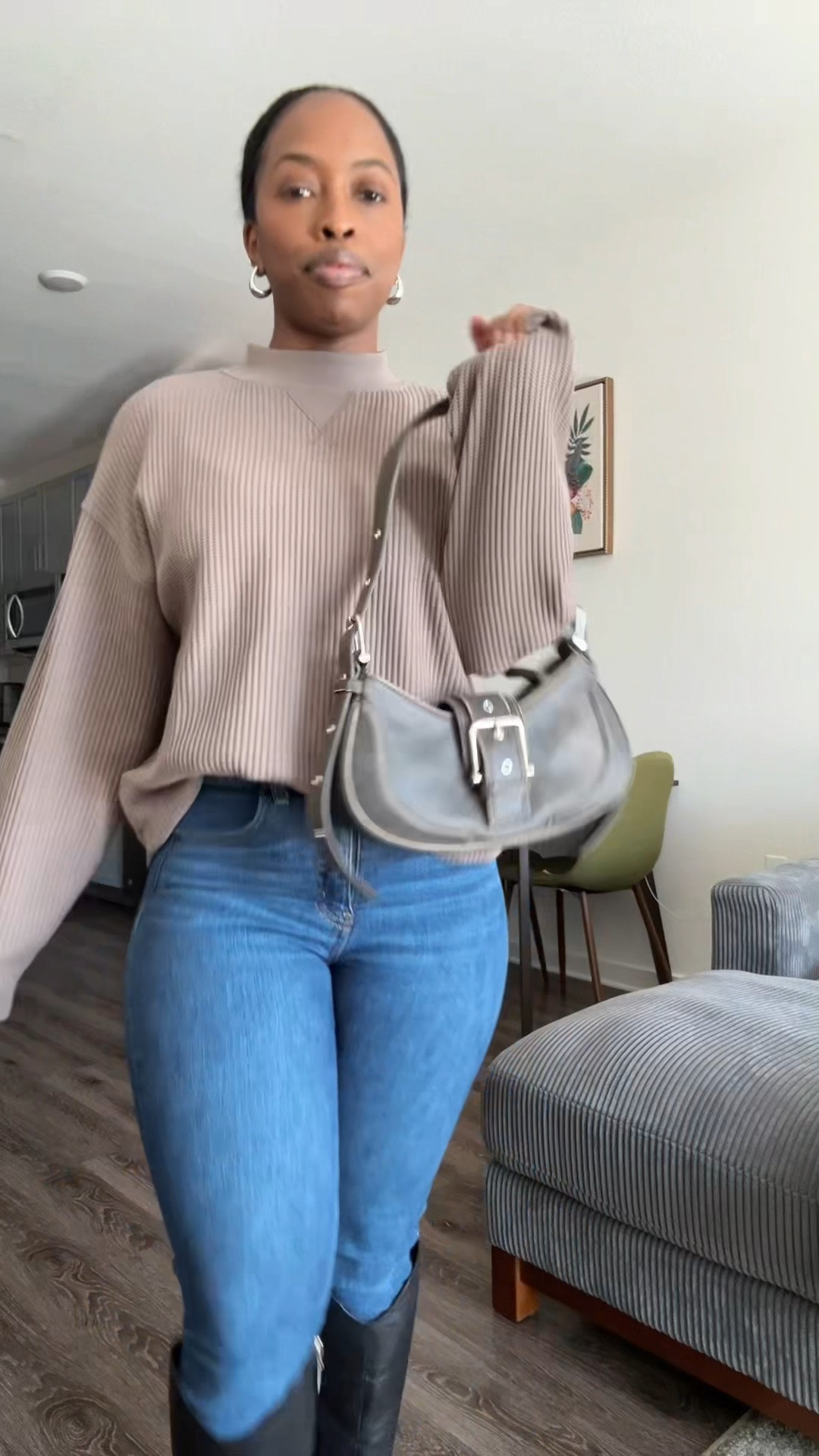 Fall/winter outfit of the day wearing a mock neck top, skinny jeans, knee-high boots and a cute moto shoulder bag. 

#LTKFindsUnder50 #LTKSeasonal #LTKSaleAlert