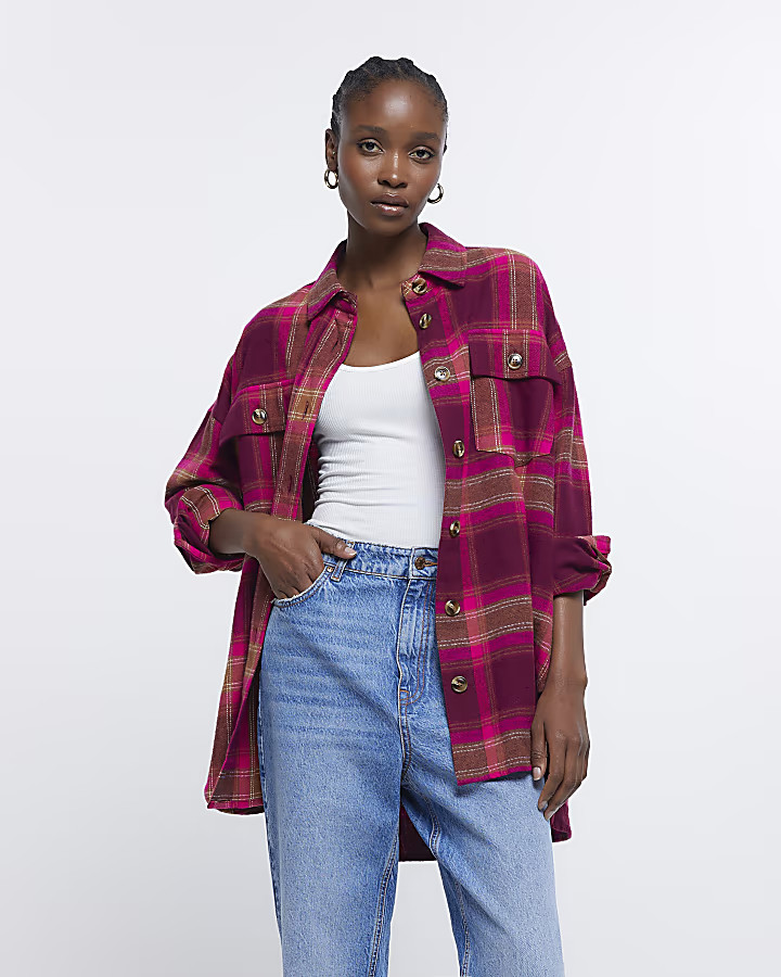 Pink check oversized long sleeve shirt | River Island (US)