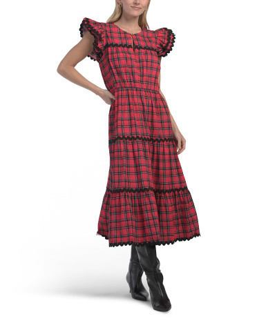 Tartan Print Flutter Sleeve Dress For Women, Cotton | TJ Maxx