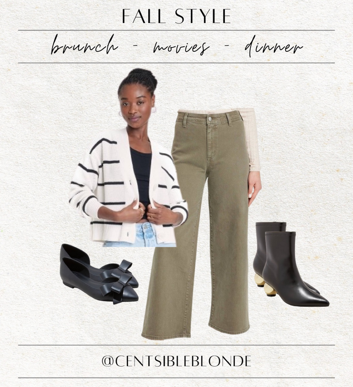 Fall outfit 
Olive jeans
Striped cardigan
Black and white cardigan 
Black pointed toe shoes
Black boots
Black flats
Bow flats
Brunch outfit 

#LTKShoeCrush #LTKFindsUnder50 #LTKWorkwear