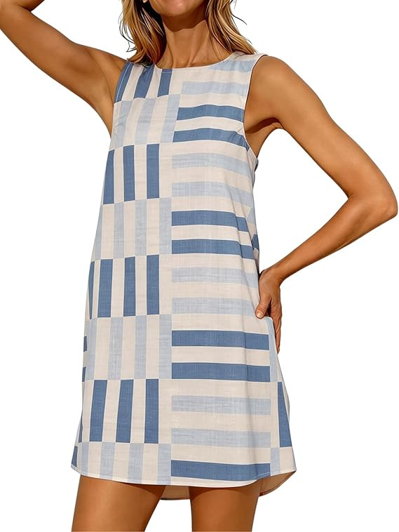 Womens Summer Boho A-Line Mini Dress Casual Color Block Sundress Sleeveless Beach Vacation Coveru... | Amazon (US)