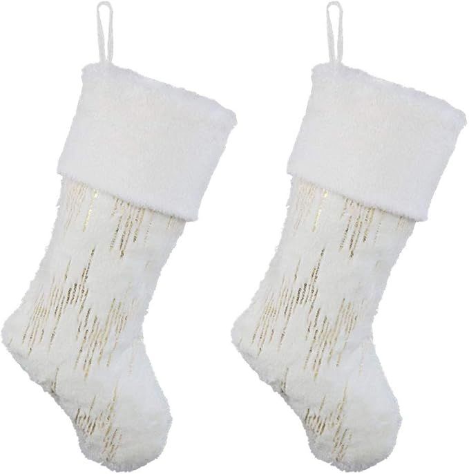 Amazon.com: YOSICHY 18” Christmas Stockings White Plush Faux Fur with Glitter Gold Sequin Snowy... | Amazon (US)