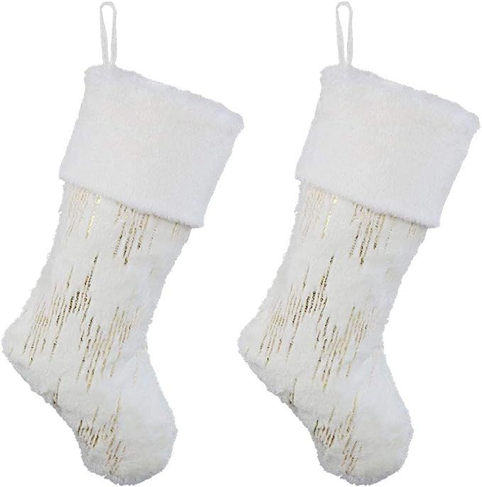 Amazon.com: YOSICHY 18” Christmas Stockings White Plush Faux Fur with Glitter Gold Sequin Snowy... | Amazon (US)