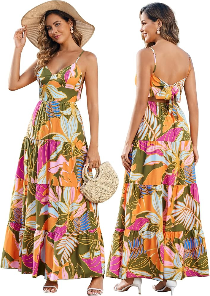 HTZMO Women Casual Summer Floral Maxi Sundress V Neck Spaghetti Strap Bow Tie Backless Flowy Boho... | Amazon (US)