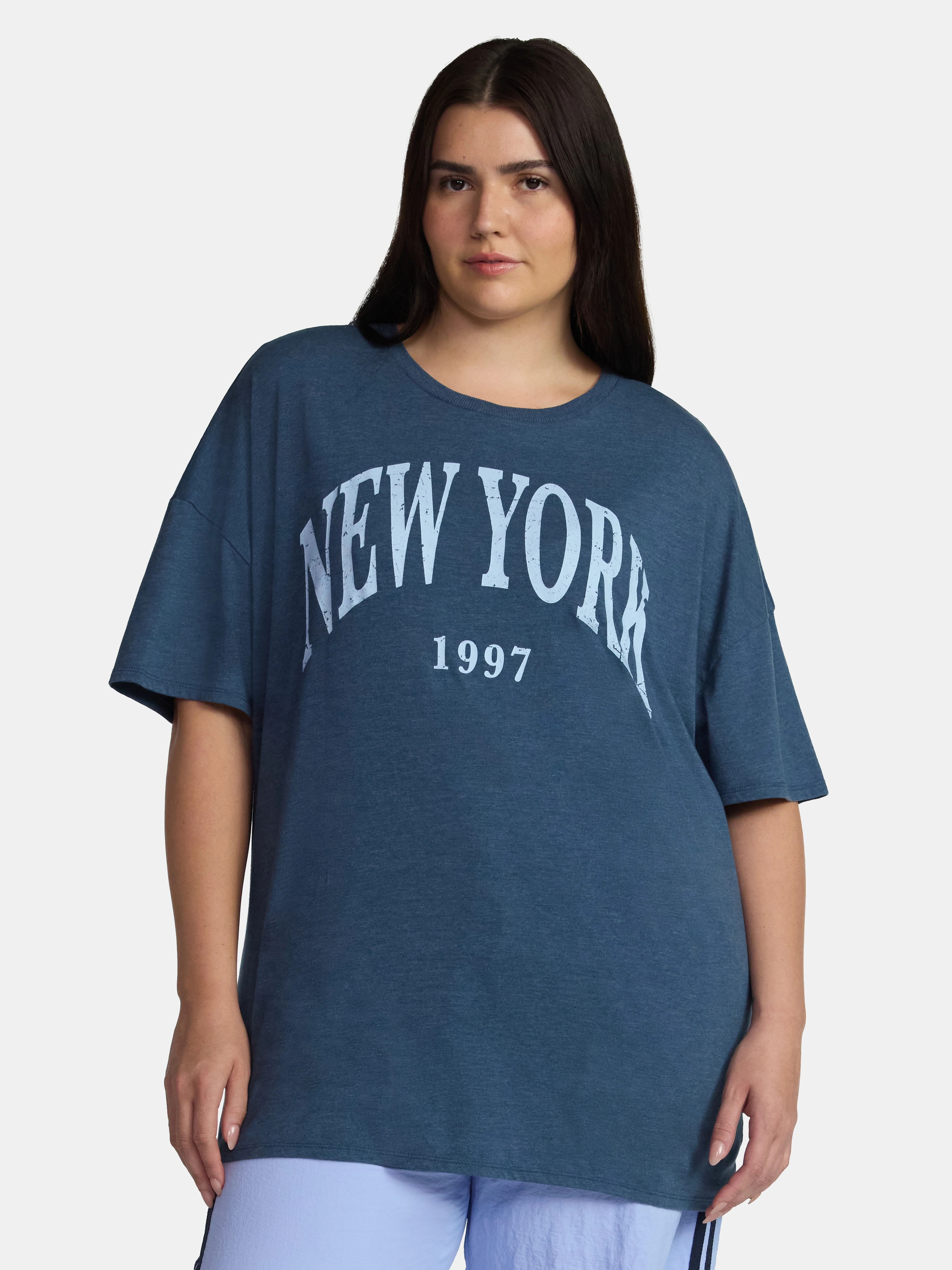 No Boundaries Washed Graphic Boyfriend Tee, Women's and Women's Plus | Walmart (US)