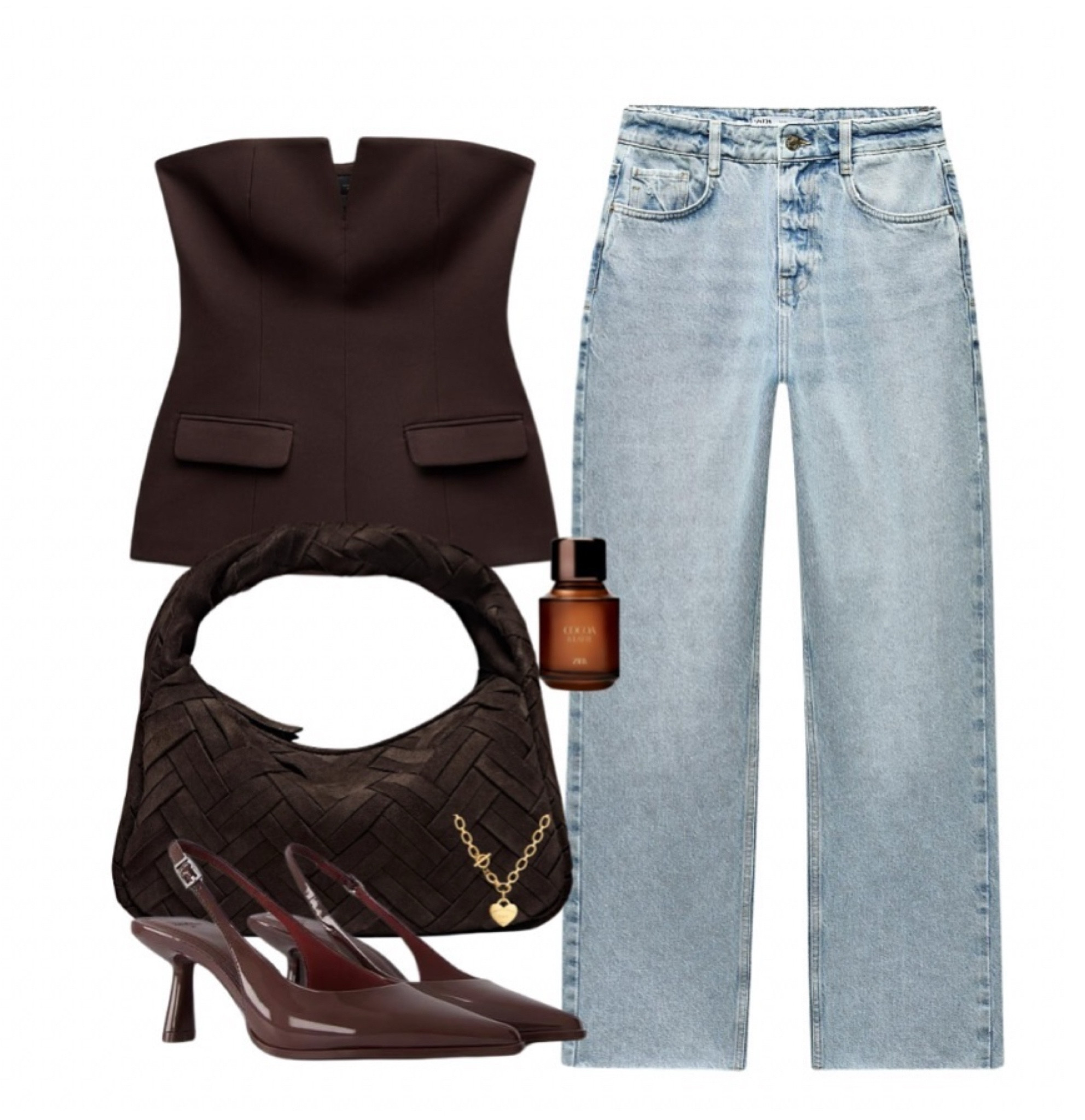 Cute Zara date night look 🤎 

#zara corset jeans brown woven bag heels burgundy 

#LTKuk #LTKFashionMonth #LTKdatenight