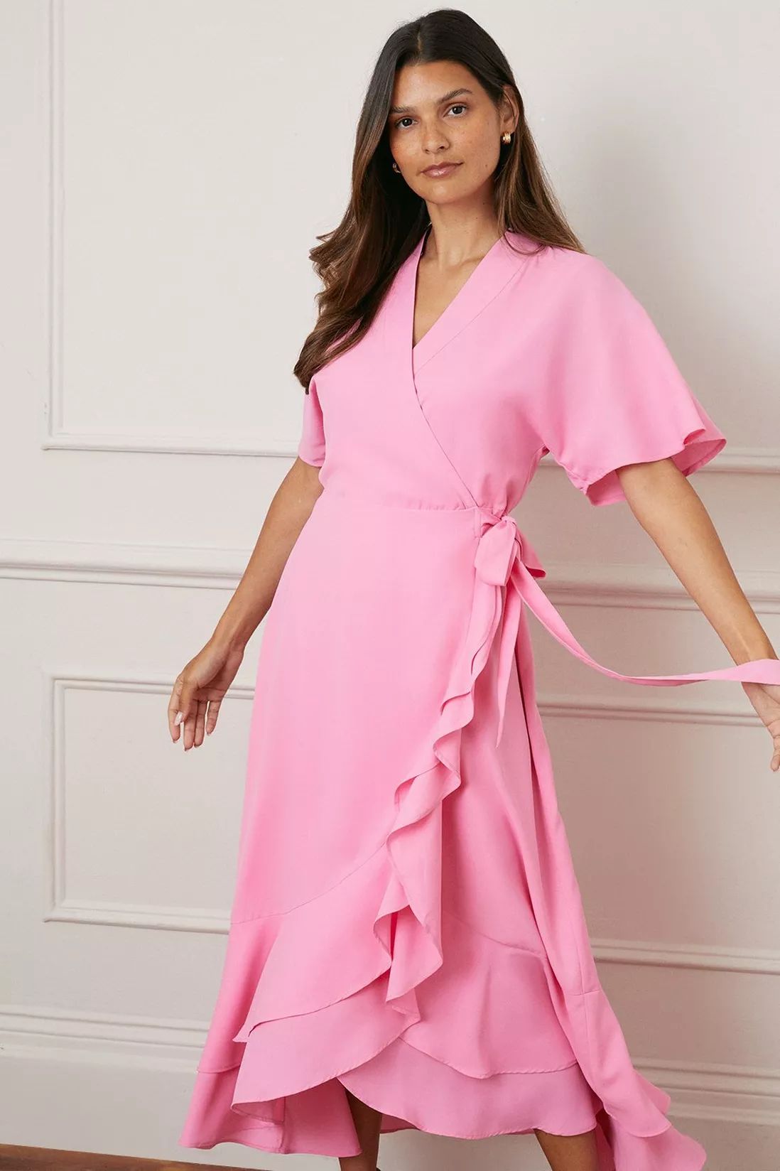 Dresses | Wrap Detail Ruffle Midi Dress | Wallis | Wallis UK