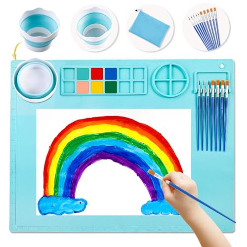 DIYDEC Silicone Craft Mat 20X16 Inch Large Silicone Art mat with Detachable Cup Painting Mat with 10 Painting Brushes Silicone Drawing Mat Sheets for Kids Adult DIY Accessories (Blue) | Amazon (US)
