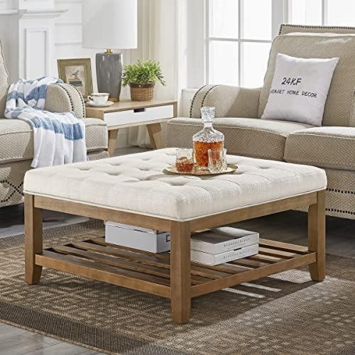 24KF Large Square Upholstered Tufted Linen Ottoman Coffee Table , Large Footrest Ottoman with Solid  | Amazon (US)
