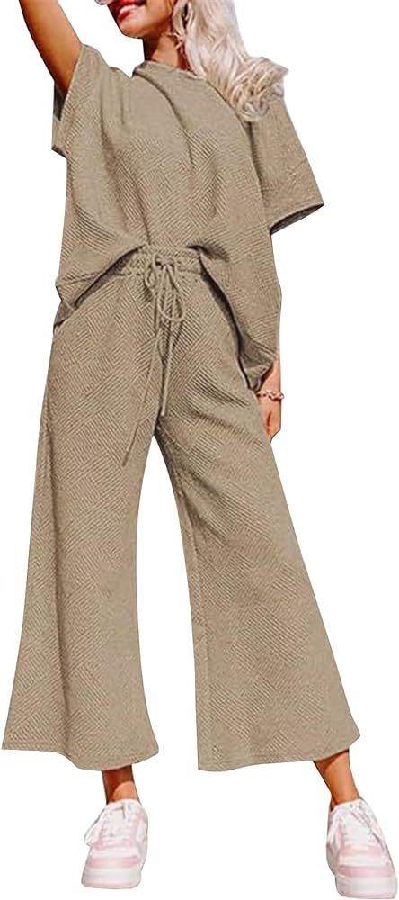 YKR Lounge Sets for Women 2 Piece Outfits Knit Short Sleeve Pullover Tops and Wide Leg Pants Summ... | Amazon (US)
