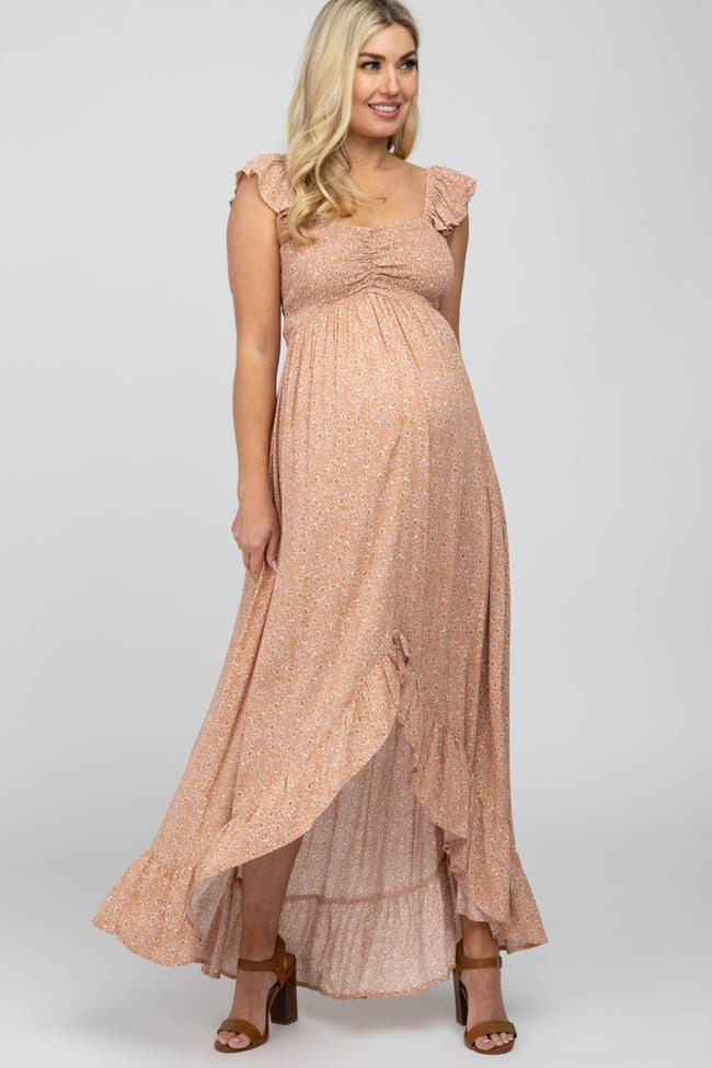 Peach Floral Smocked Hi-Low Maternity Maxi Dress | PinkBlush Maternity
