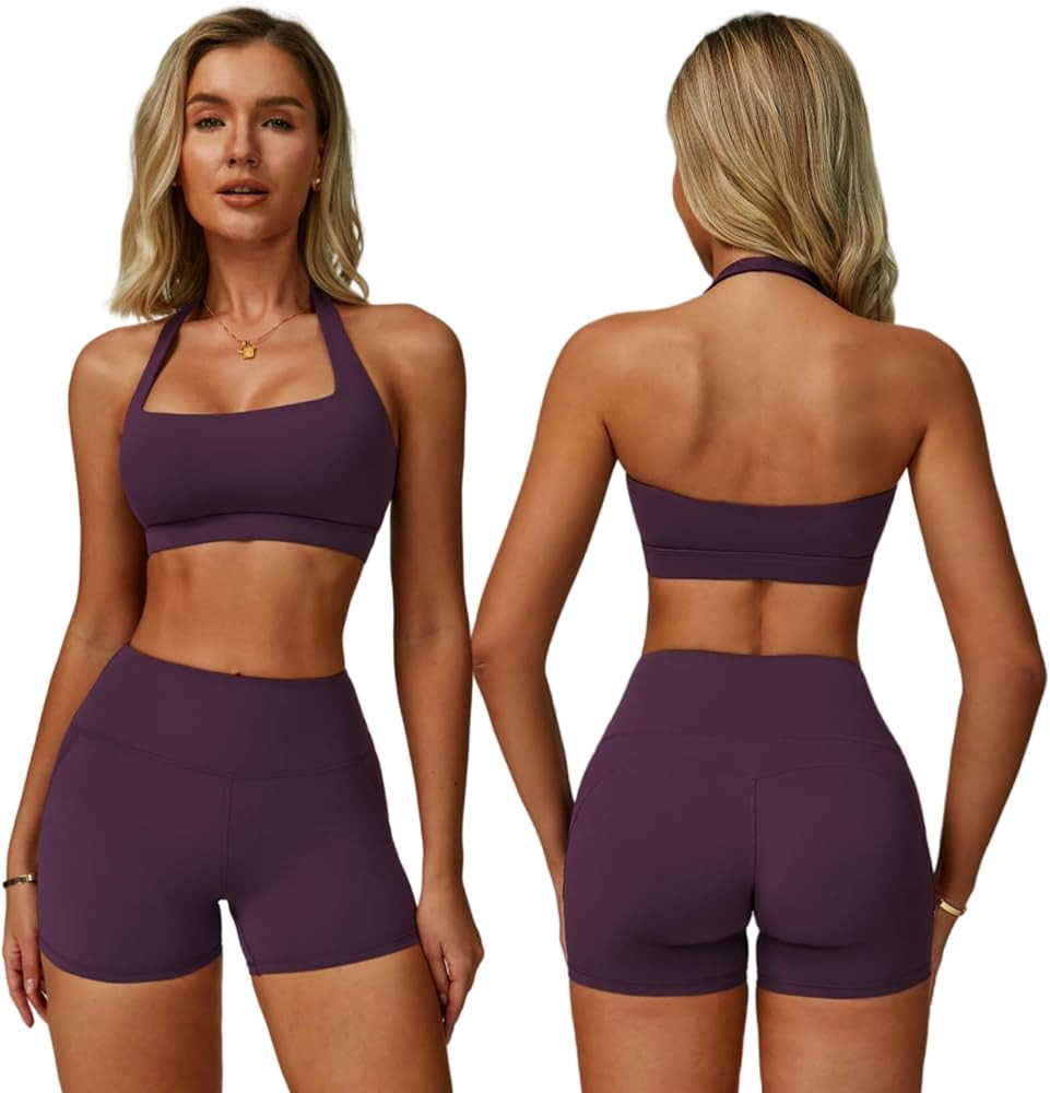 ABOCIW Workout Sets for Women Square Neck Halter Sports Bra High Waist Biker Shorts 2 Piece Gym Y... | Amazon (US)