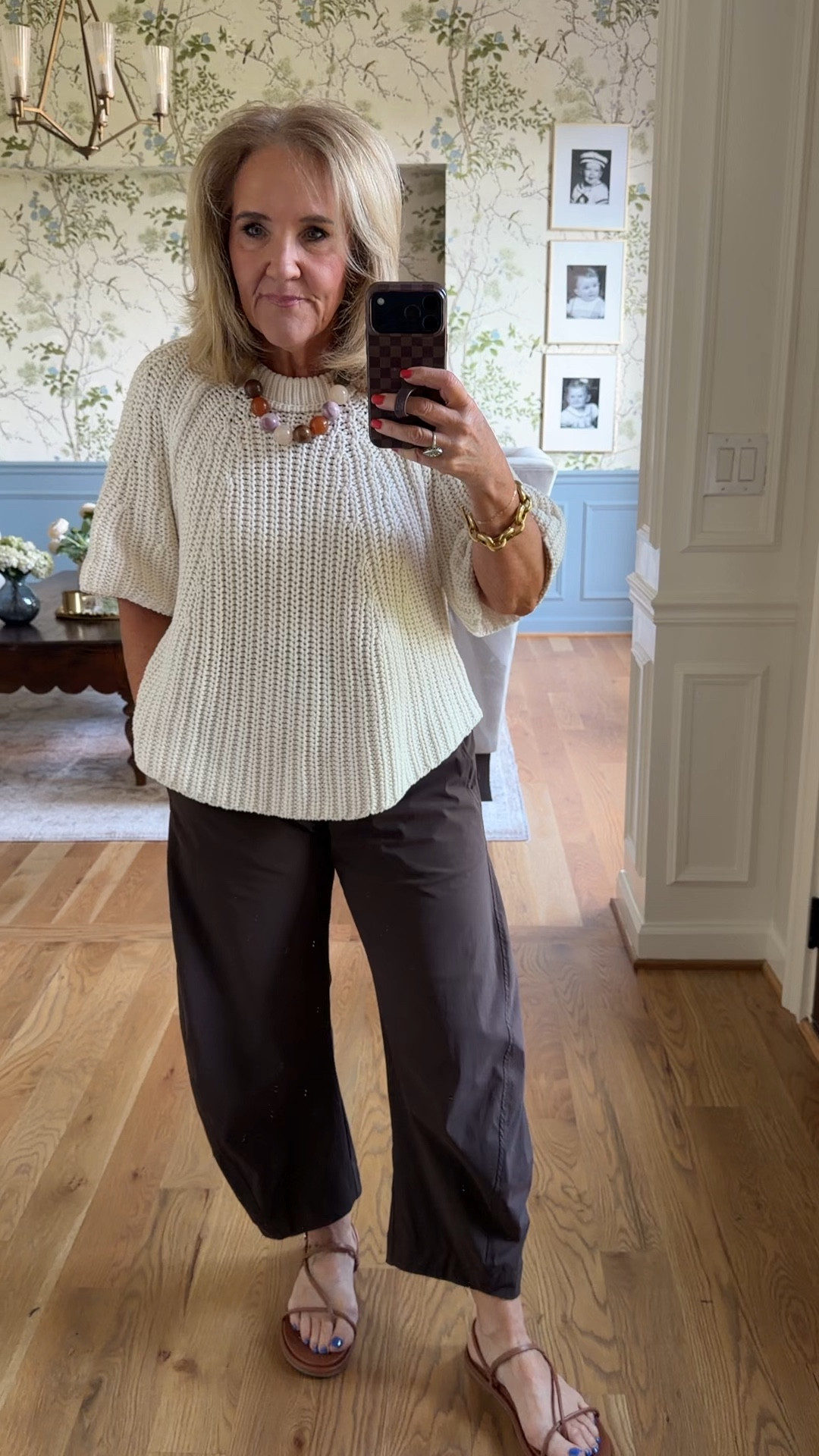 Ruti cool girl pants I sized up to a 10 petite 
Sweater size medium 
Necklace is restocked 
Sandals are comfy! 

#LTKootd #LTKPetite #LTKOver40