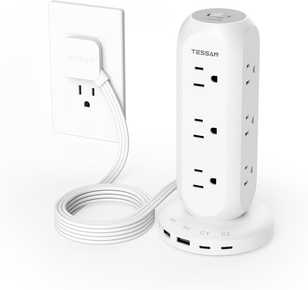 Surge Protector Power Strip Tower, TESSAN Flat Plug Extension Cord 6 FT, Charging Station with 9 ... | Amazon (US)