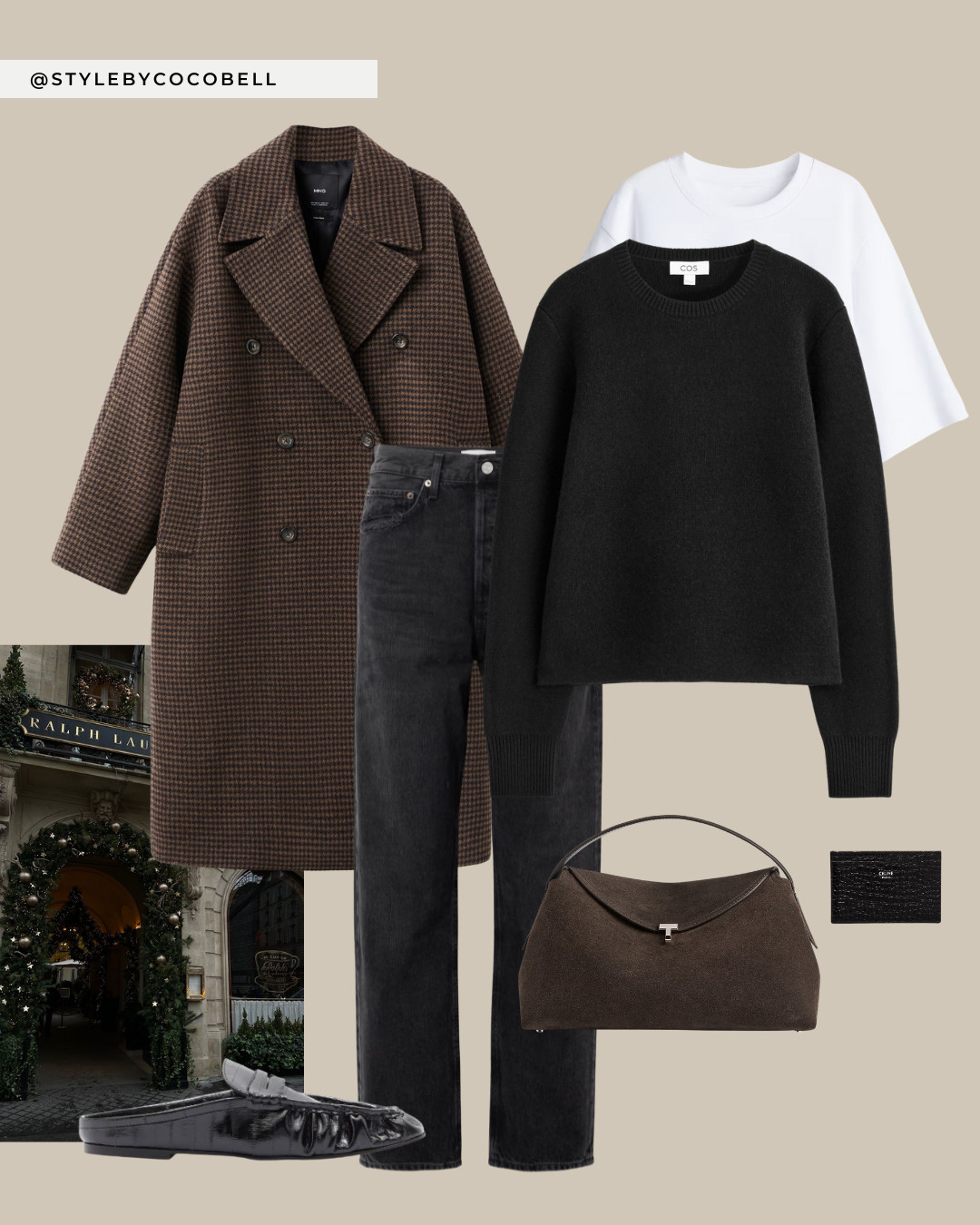 Relaxed city winter look with a brown checked oversized coat, black crewneck knit and white tee layered underneath. Styled with washed black straight leg jeans, sleek black loafers and a structured brown shoulder bag plus a simple cardholder. An easy everyday outfit for coffee runs, shopping days or casual office days.

Keywords: winter outfit, checked coat, black sweater, black jeans, loafers, brown bag, neutral style, everyday look, casual chic, city outfit. 

 #LTKautumn #LTKwinter