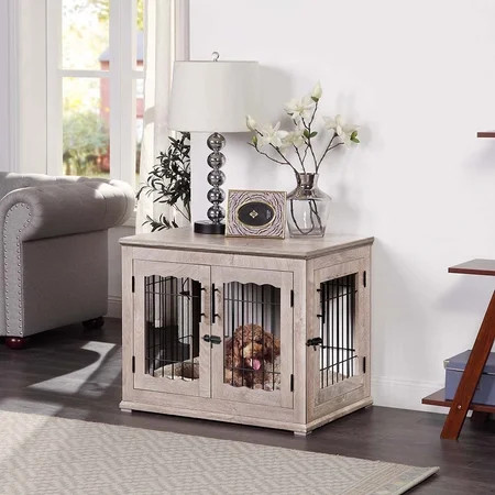 Unipaws Furniture Style Dog Crate End Table Double Doors Wooden Wire Dog Kennel with Pet Bed Medium  | Walmart (US)