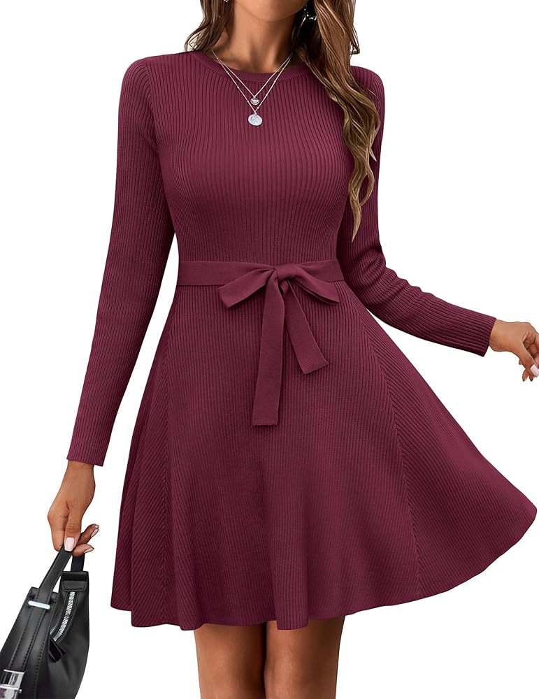 HOTOUCH Women's Fall Winter Casual Dress Crewneck Long Sleeve A-Line Sweater Dress Bodycon Ribbed... | Amazon (US)