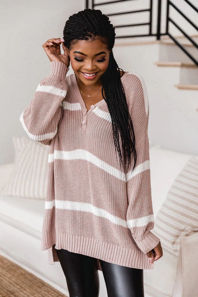 My Best Guess Taupe Striped Henley Sweater | The Pink Lily Boutique