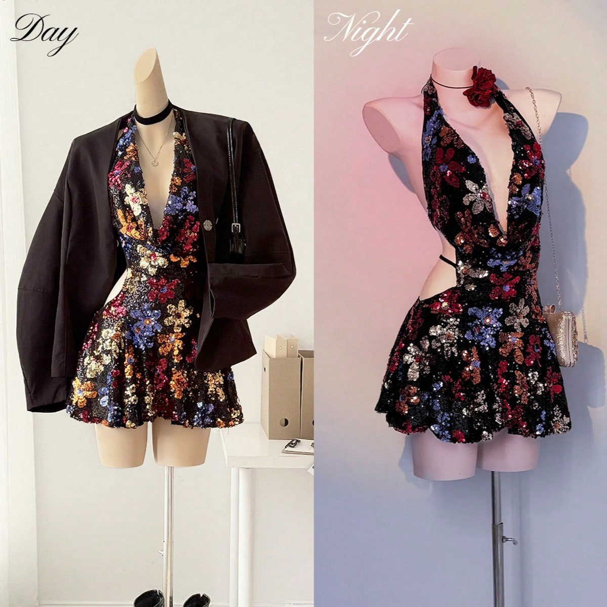 SHEIN BAE Women's Fashionable Sexy Sequin Backless Halter Mini Dress,Autumn Women's Clothing, Winter Women's Clothing,Sequin Party Dress, Disco Dress,Sequin,Sequin Dress ,Luxury Evening Dress For Women,Elegant Dress ,Cocktail Dresses, Colorful Sequined Dresses,Dresses For Women Party,Party Dresses For Women | SHEIN