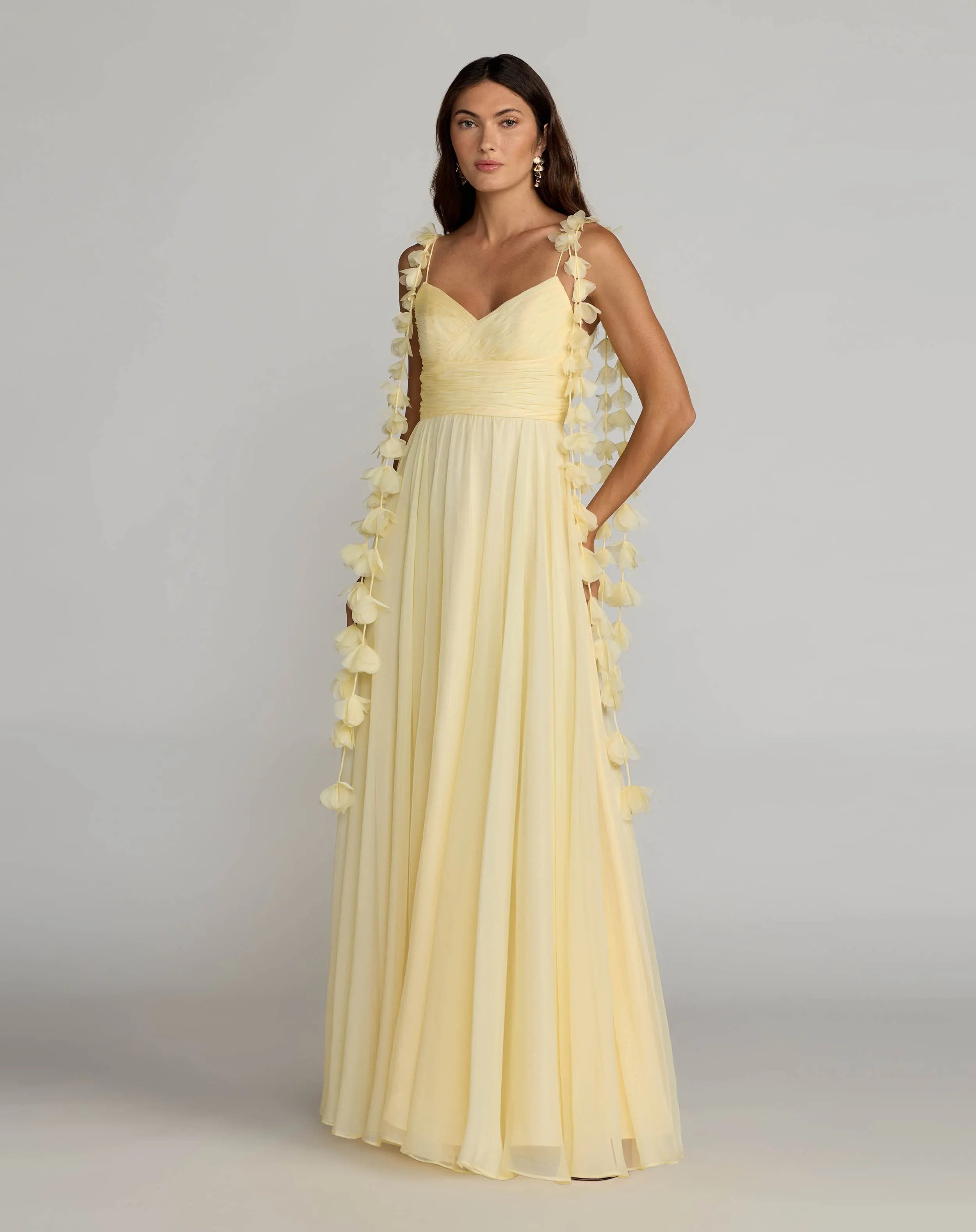 Yellow Chiffon A Line Gown With 3D Flower Straps | Mac Duggal | Mac Duggal