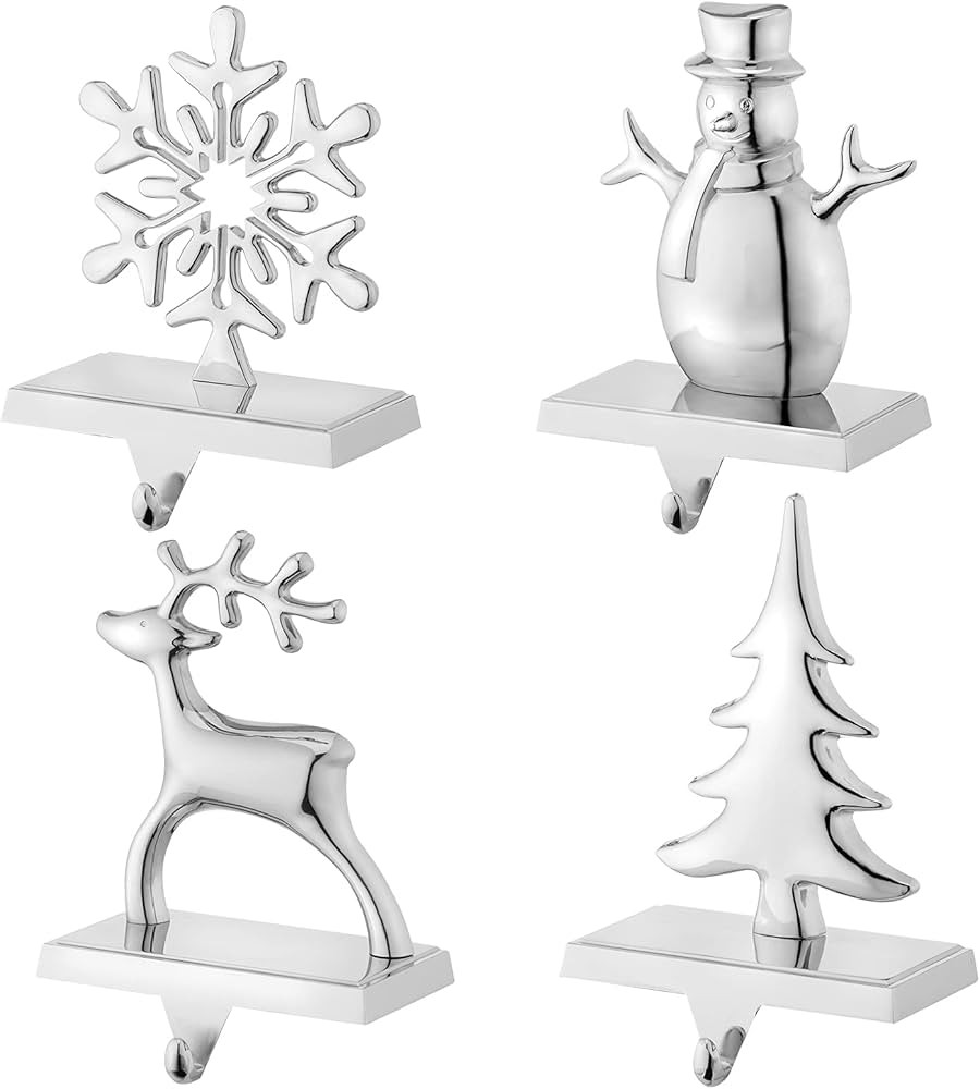 Christmas Stocking Holders for Mantel Set of 4 Reindeer Snowflake Snowman Pine Tree Vintage Metal... | Amazon (US)