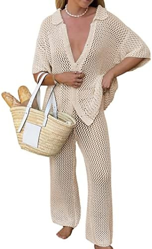 Famulily Womens Sexy Hollow Out Swimsuit Cover Up Sets Button Up Tops and Drawstring Pants 2 Piec... | Amazon (US)