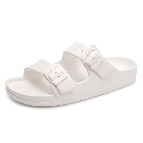 FUNKYMONKEY Women's Comfort Slides, Adjustable Double Buckle with Arch Support EVA Non-Slip Flat Sandals for Vacation & Daily Wear (7 M US-Women, White) | Amazon (US)