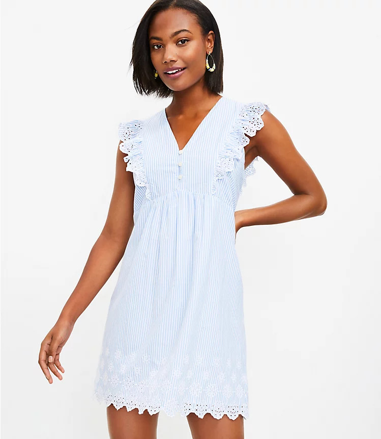 Petite Striped Eyelet Button Ruffle Swing Dress | LOFT