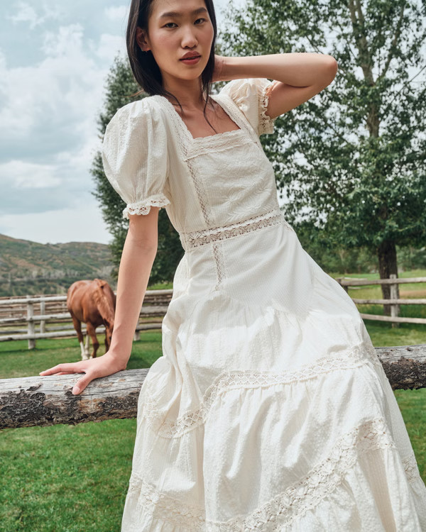 Puff Sleeve Lace-Pieced Maxi Dress | Abercrombie & Fitch (US)