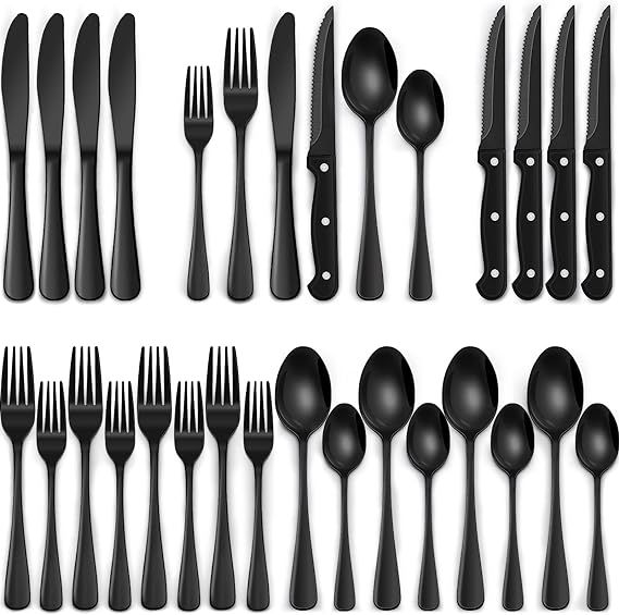 24-Piece Black Silverware Set with Steak Knives, Black Flatware Set for 4, Food-Grade Stainless S... | Amazon (US)
