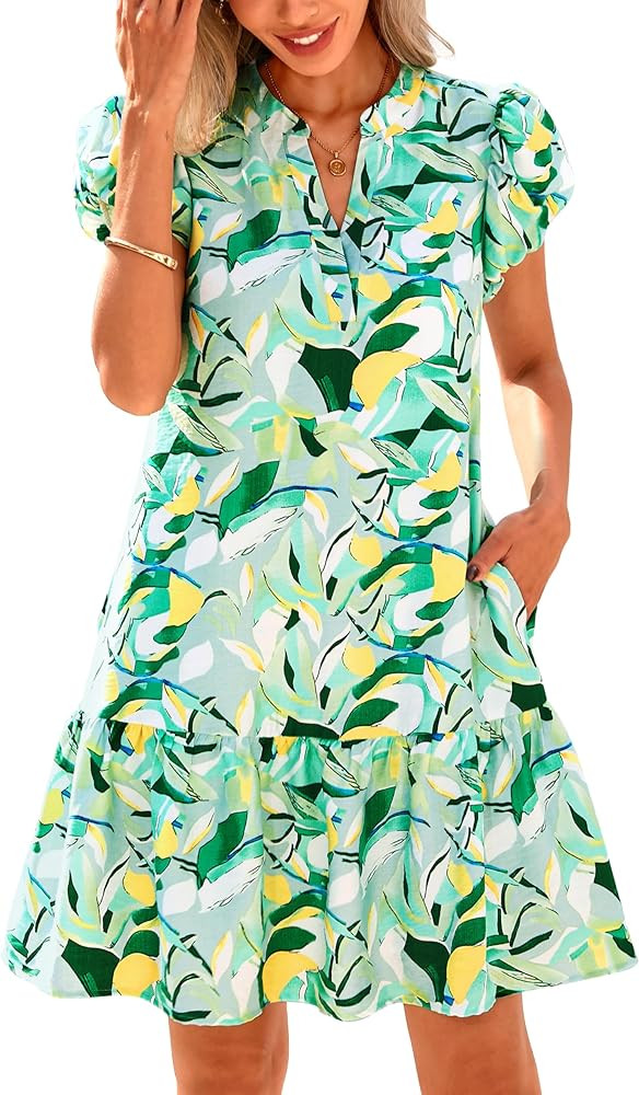dowerme Womens Summer Dresses 2026 Puffy Sleeve V Neck Loose Floral Print A Line Boho Mini Babydo... | Amazon (US)