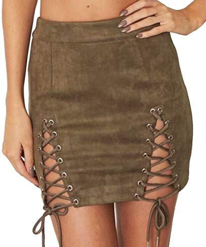 Women's Faux Suede Mini Skirt Sexy Criss Cross Tight Bodycon High Waist Stretch Short Mini Skirt Army Green Small | Amazon (US)