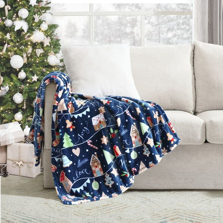 Holiday Time, Gingerbread House Printed Plush Throw Blanket, Navy, Standard Throw | Walmart (US)