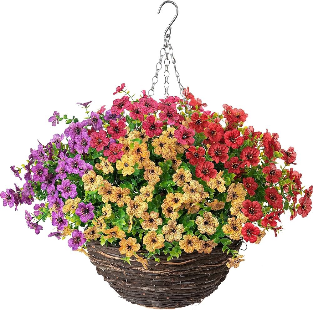 Amazon.com: Artificial Flowers in Hanging Basket, Daisy with Eucalyptus Leaves for Outdoor Indoor... | Amazon (US)
