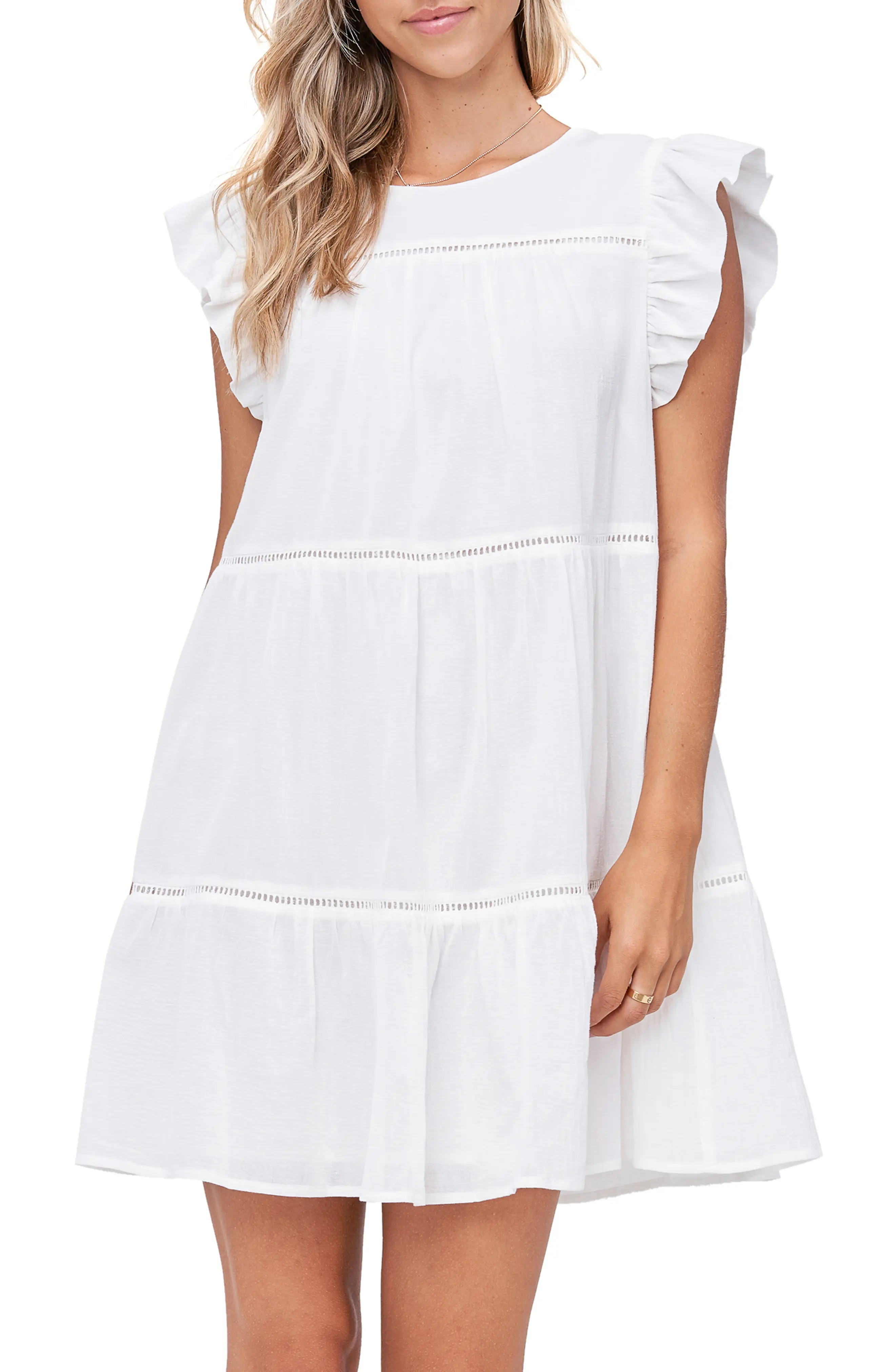 Women's En Saison Babydoll Ruffle Detail Tiered Minidress, Size Small - White | Nordstrom