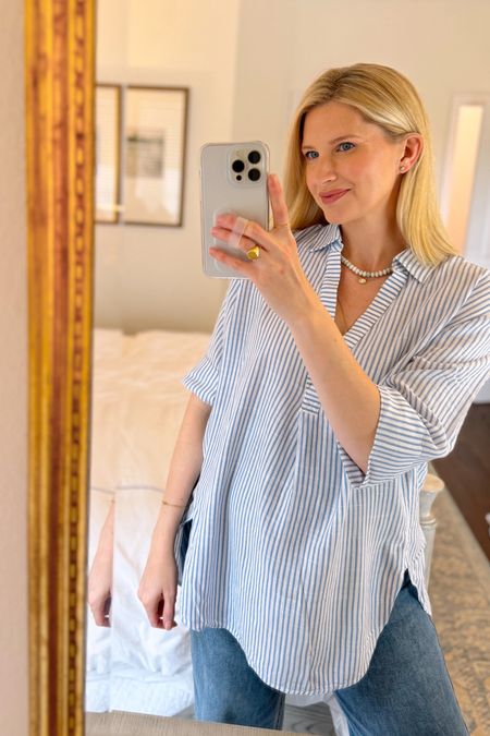 New blue and white linen tunic top from j.crew, runs oversized. I’m in a size small! Paired with wide leg maternity denim, and raffia slides. 

#LTKfindsunder100 #LTKSeasonal #LTKshoecrush