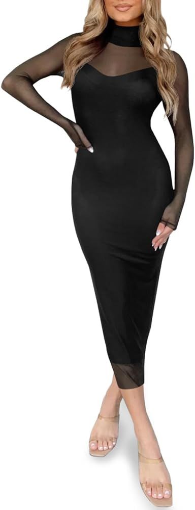 BZB Party Dress for Women Sheer Dresses See Through Sexy Club Mock Neck Mesh Bodycon Midi Birthda... | Amazon (US)