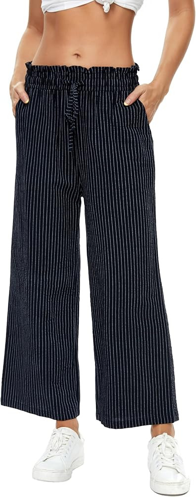 LNX Womens Linen Pants High Waisted Wide Leg Drawstring Casual Loose Trousers with Pockets | Amazon (US)
