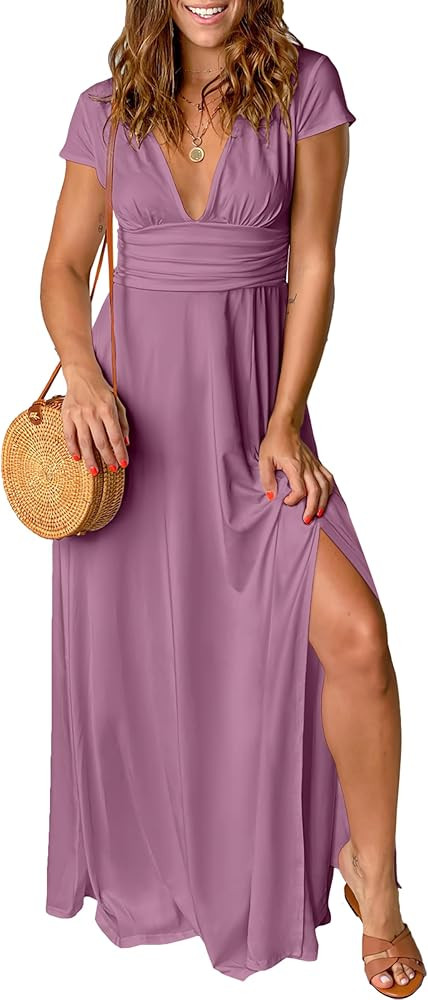 ANRABESS Women Summer Deep V Neck Short Sleeve Dresses Slit Elegant Wedding Guest Formal Cocktail... | Amazon (US)