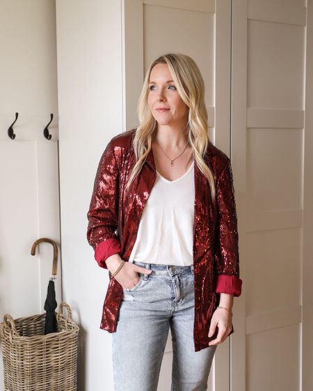 The holidays deserve a little sparkle. Blazer comes in a variety of colors – black would probably be the most versatile. Gold and silver would be fun for a NYE party. But I thought the red would be perfect for both Christmas and/or New Years!

#LTKHoliday #LTKfindsunder100 #LTKSeasonal