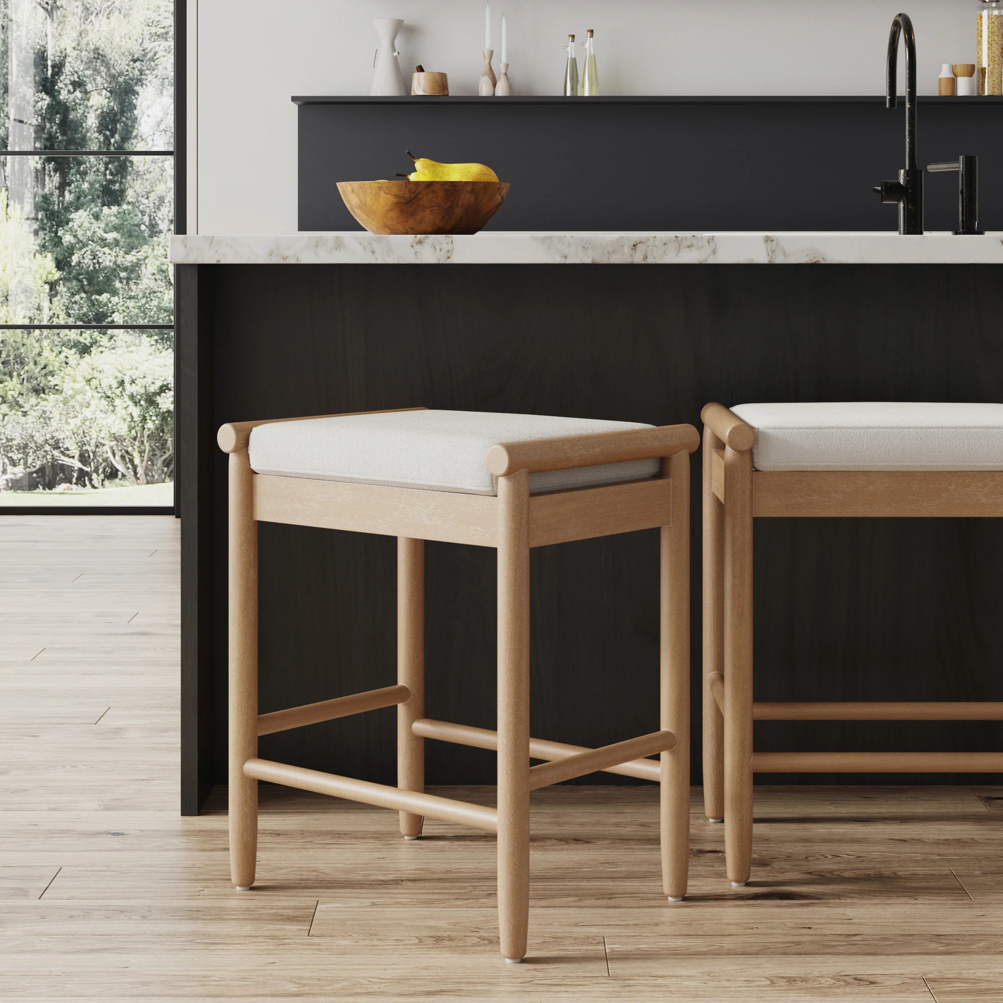 Backless Wooden Bar Stool with Boucle Upholstery Light Brown | Nathan James