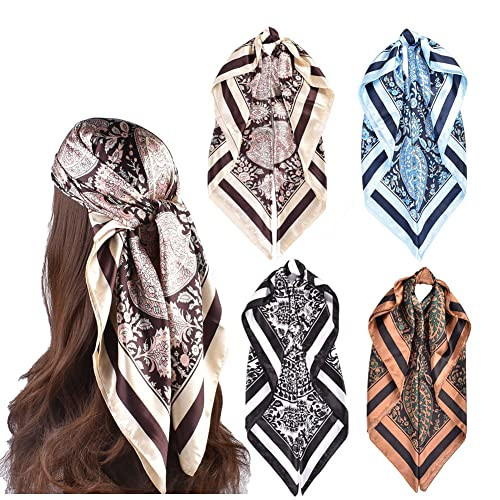 upeilxd 4Pcs Silk Head Scarves for Women Satin Hair Scarf 35”Large Square Bandana Silk Like Neck Scarf Shawl (Blue/Coffee/Beige/Black) | Amazon (US)