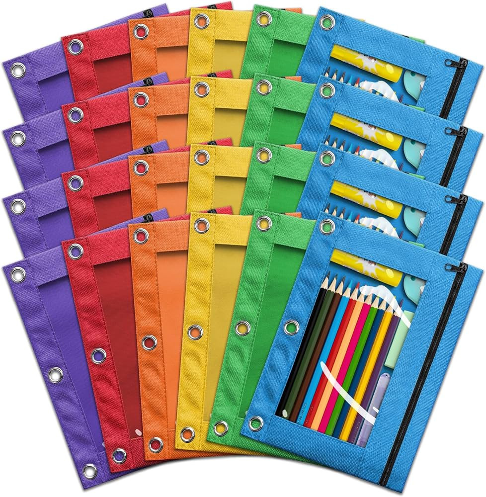 V-Opitos Pencil Pouch for 3 Ring Binder, Bulk 24 Pack 3-Holes Zipper Pencil Pouches in Assorted C... | Amazon (US)
