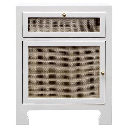 Worlds Away Ruth Coastal Beach Woven Natural Cane Matte White Wood Nightstand | Kathy Kuo Home