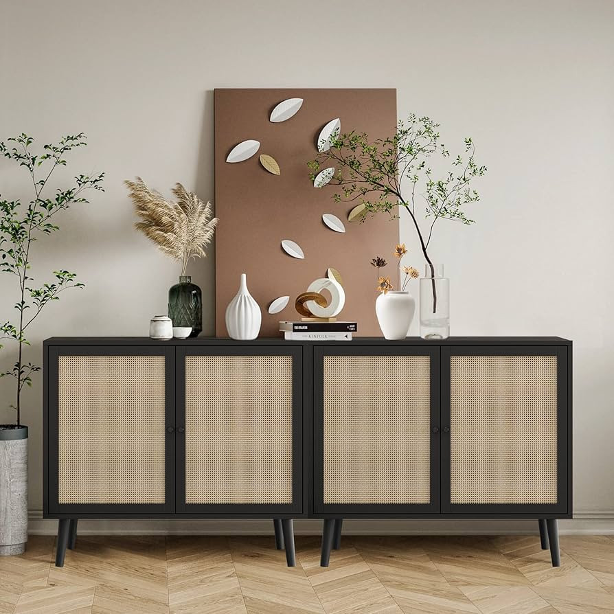 QHITTY Rattan Sideboard Buffet Cabinet, Accent Kitchen Storage Cabinet Console Table with Adjusta... | Amazon (US)
